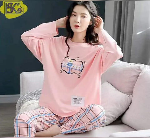pink printed t shirt and printed trouser summer collection night drees for women/girls