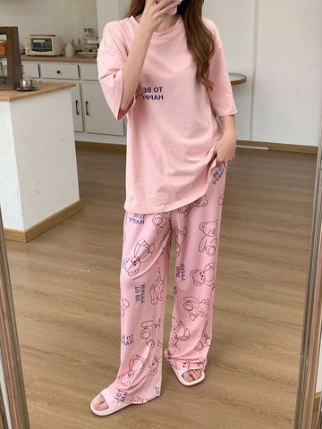 pink printed t shirt and printed trouser summer collection night drees for women/girls