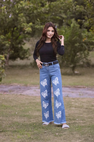 Butterfly Design Jeans Flapper Pants For Girls/Ladies & womens