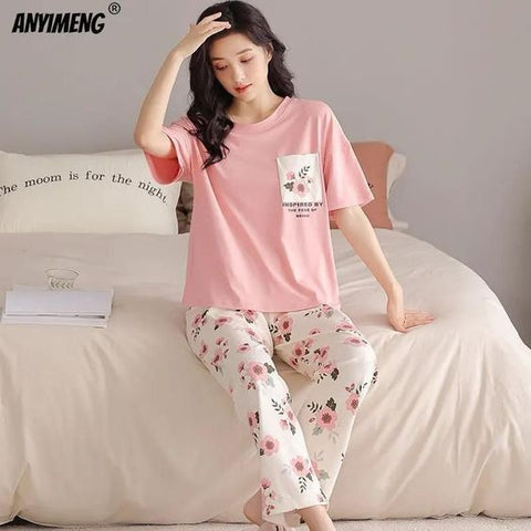pink printed t shirt and printed trouser summer collection night drees for women/girls